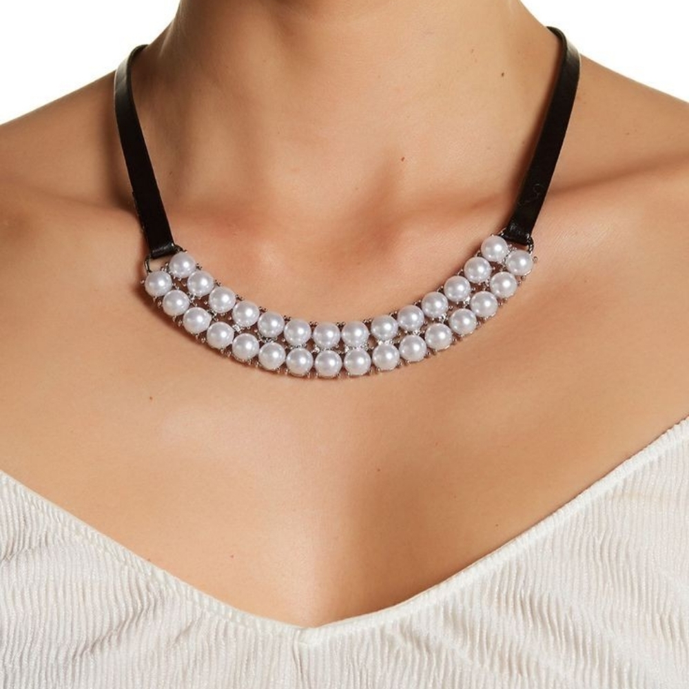 Cabochon Imitation Silver Pearl Self Tie Choker